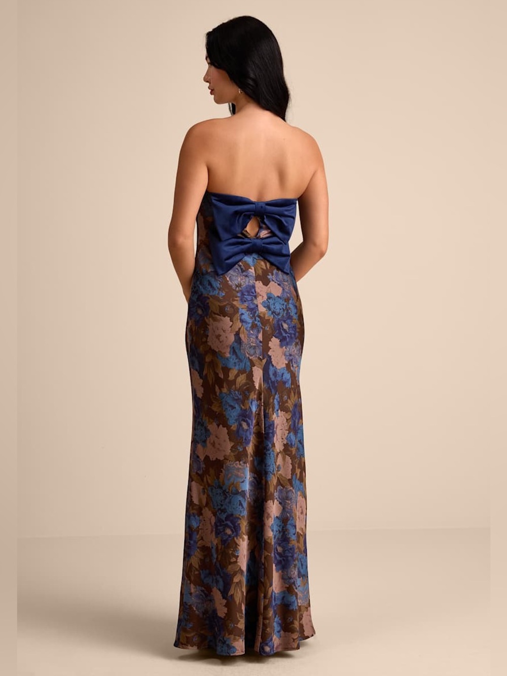 Lulus NEW Brown Blue Floral Artemisia Strapless Bow Maxi Dress Size Large